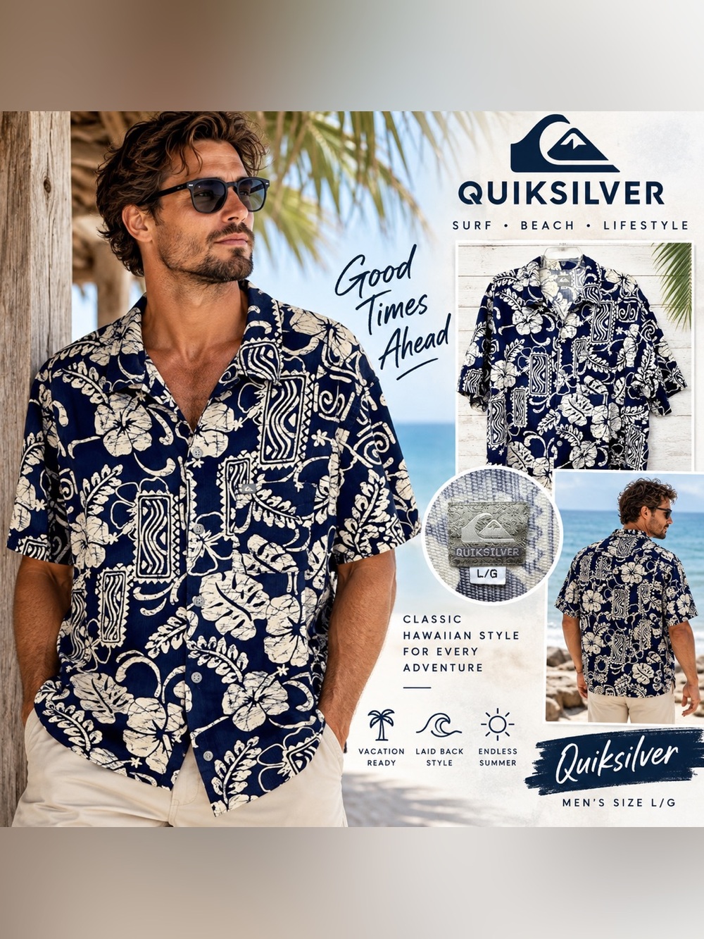 $10 or 🆓 BUY ONE GET ONE FREE 🆓 Quiksilver Men’s L Navy Cream Hawaiian Tropical